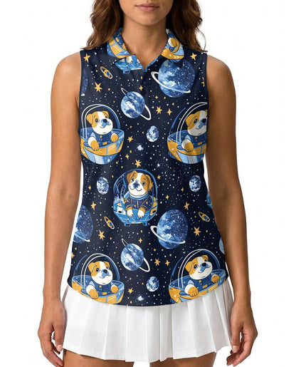 Space English Bulldog Astronaut Sleeveless Polo Shirt for Women | Netecom