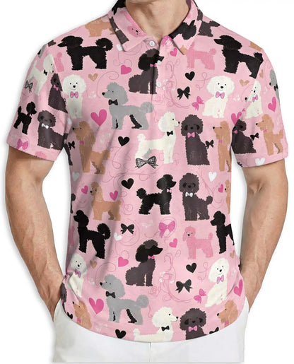 Cute Poodle Dog Lover Polo Shirt for Men - Pink Heart Pattern | Netecom