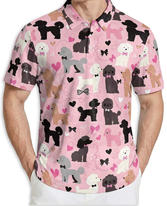 Cute Poodle Dog Lover Polo Shirt for Men - Pink Heart Pattern | Netecom