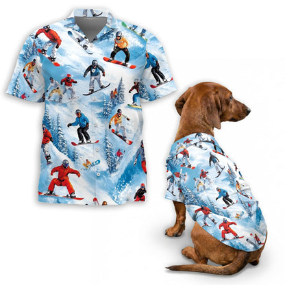 Netecom Matching Snowboarding Skiing Aloha Hawaiian Shirt for Dog and Owner, Winter Sport Inspired Summer Shirt, Coordinated Beach Vacation Casual Wear for Pet and Human