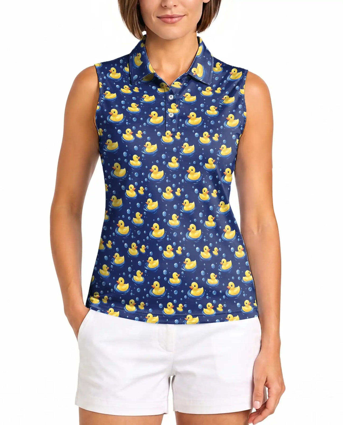 Cartoon Duck Pattern Sleeveless Polo Shirt for Women – Cute Animal Style | Netecom