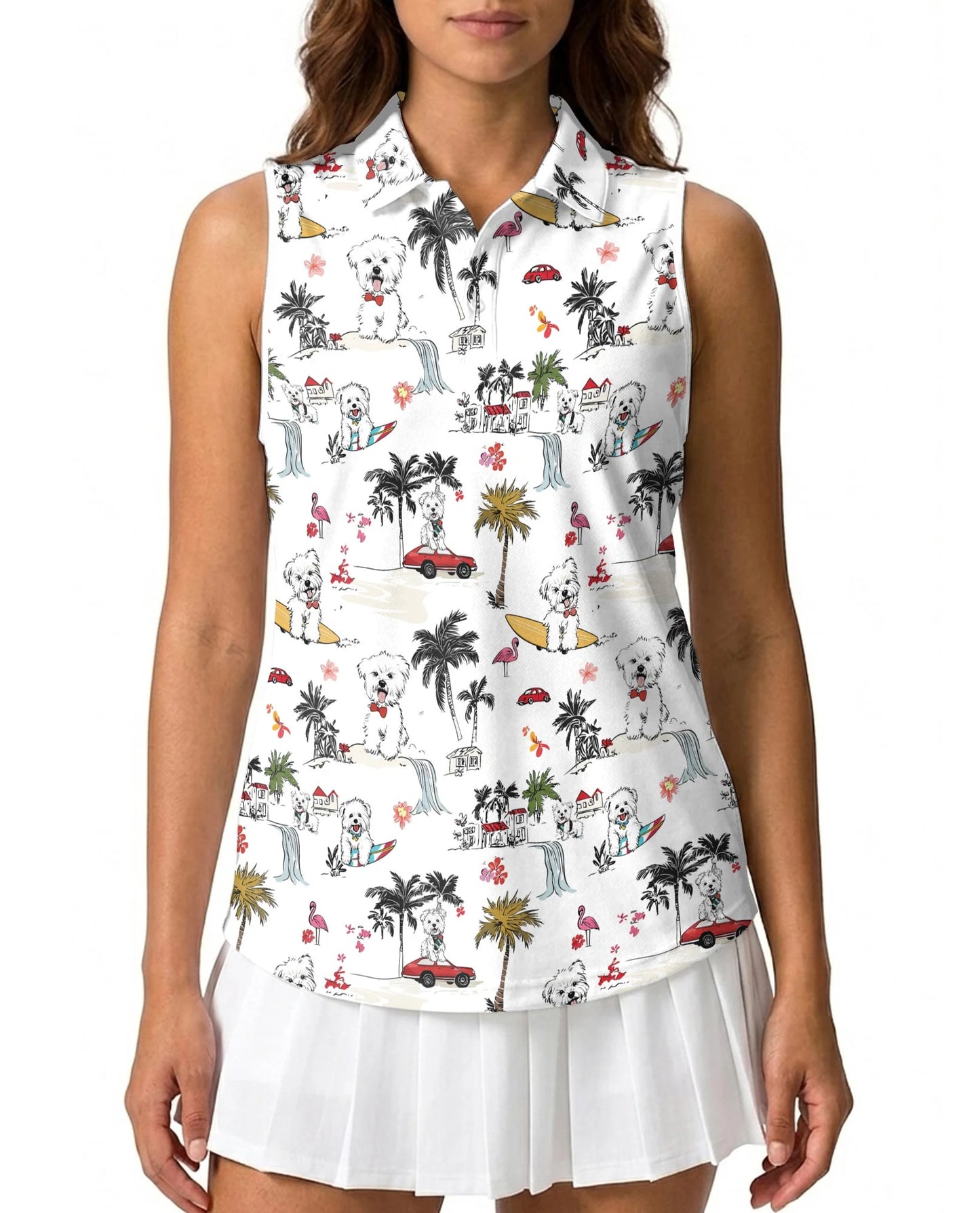 Cute White Maltese Dog Sleeveless Polo Shirt for Women | Netecom