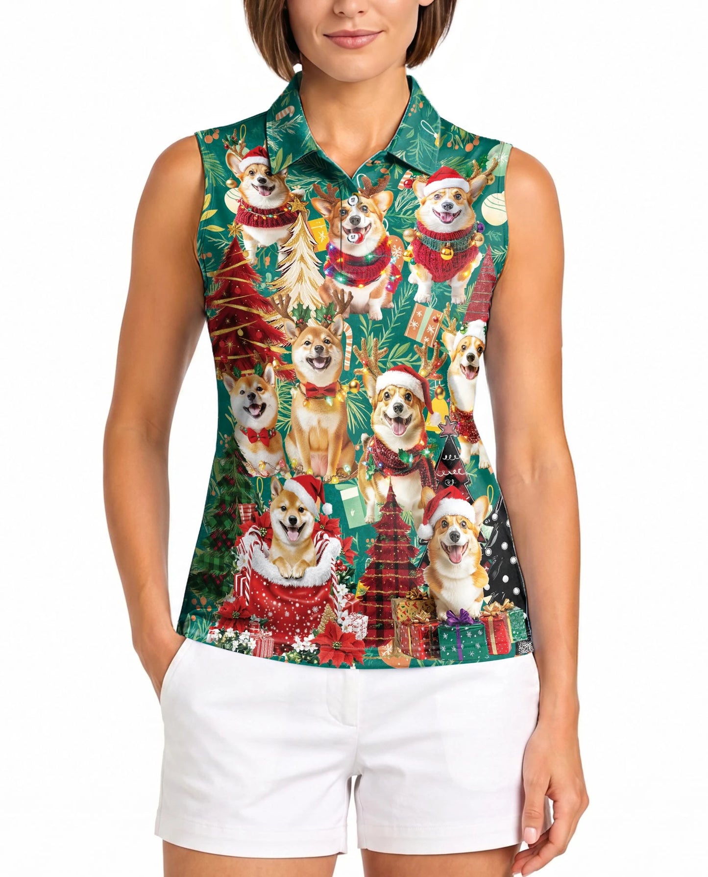 Christmas Corgi Sleeveless Polo Shirt for Women – Cute Dog Holiday Style | Netecom