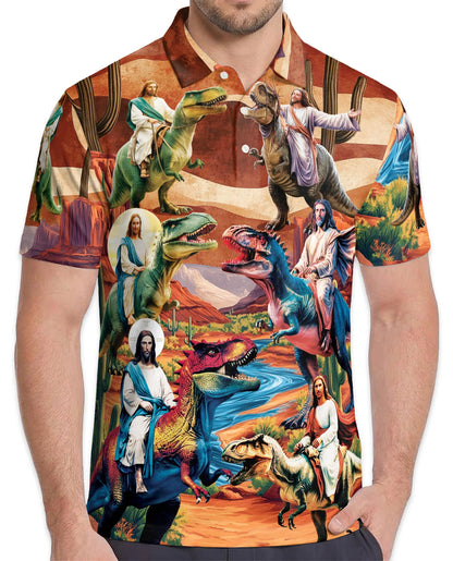 Jesus Riding Dinosaur Polo Shirt for Men – Funny Faith Fantasy Style | Netecom