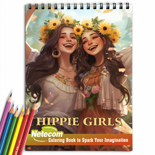 Hippie Girls Spiral Bound Coloring Book, Unleash Your Creativity with 30 Whimsical Coloring Pages of Hippie Girls