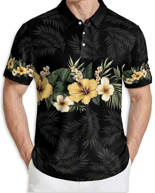 Black Tropical Hibiscus 3D Polo Shirt for Men – Hawaiian Floral Island Style | Netecom