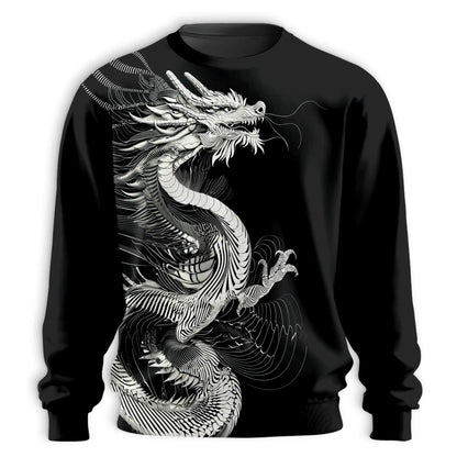 Japanese Dragon Blackwork Sweatshirt, 3D All Over Print Japanese Tattoo Art Crewneck Pullover for Men Women, Dragon Lover Gift - Netecom