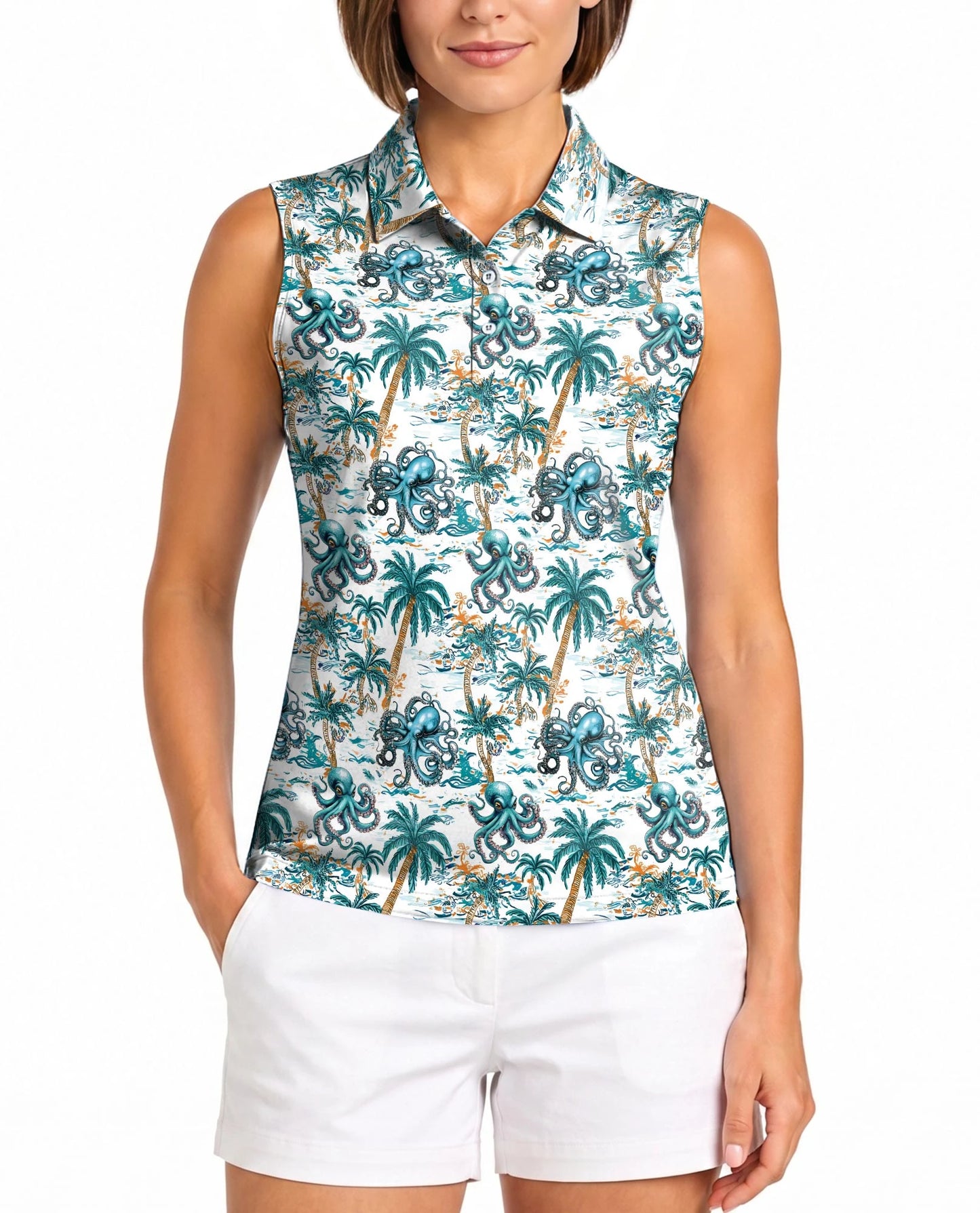 Octopus and Palm Tree Sleeveless Polo Shirt for Women | Netecom