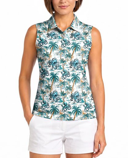 Octopus and Palm Tree Sleeveless Polo Shirt for Women | Netecom