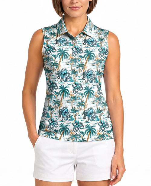 Octopus and Palm Tree Sleeveless Polo Shirt for Women | Netecom