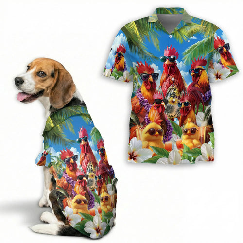 Funny Chicken Wearing Sunglasses Print Hawaii Dog and Owner Matching Button Shirts