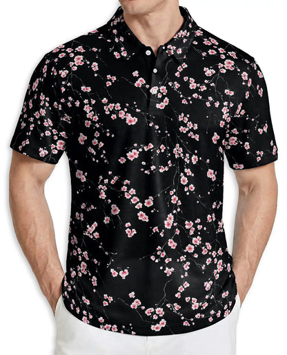 Black Cherry Blossom Hawaiian 3D Polo Shirt | Netecom