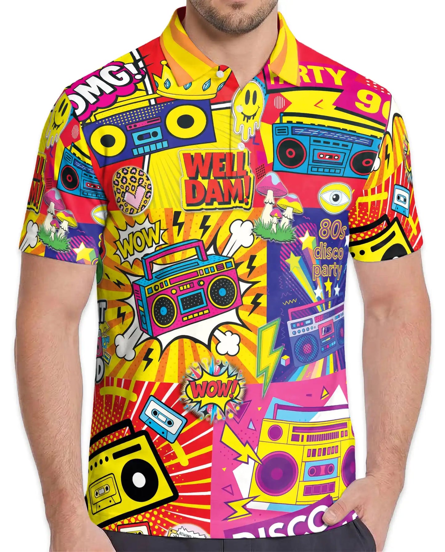 Retro 80s Disco Party Polo Shirt-Neon Boombox Music Design | Netecom