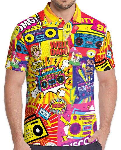 Retro 80s Disco Party Polo Shirt-Neon Boombox Music Design | Netecom