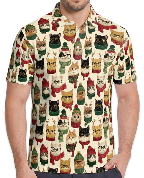 Christmas Cat Polo Shirt - Cozy Winter Kitty Style | Netecom
