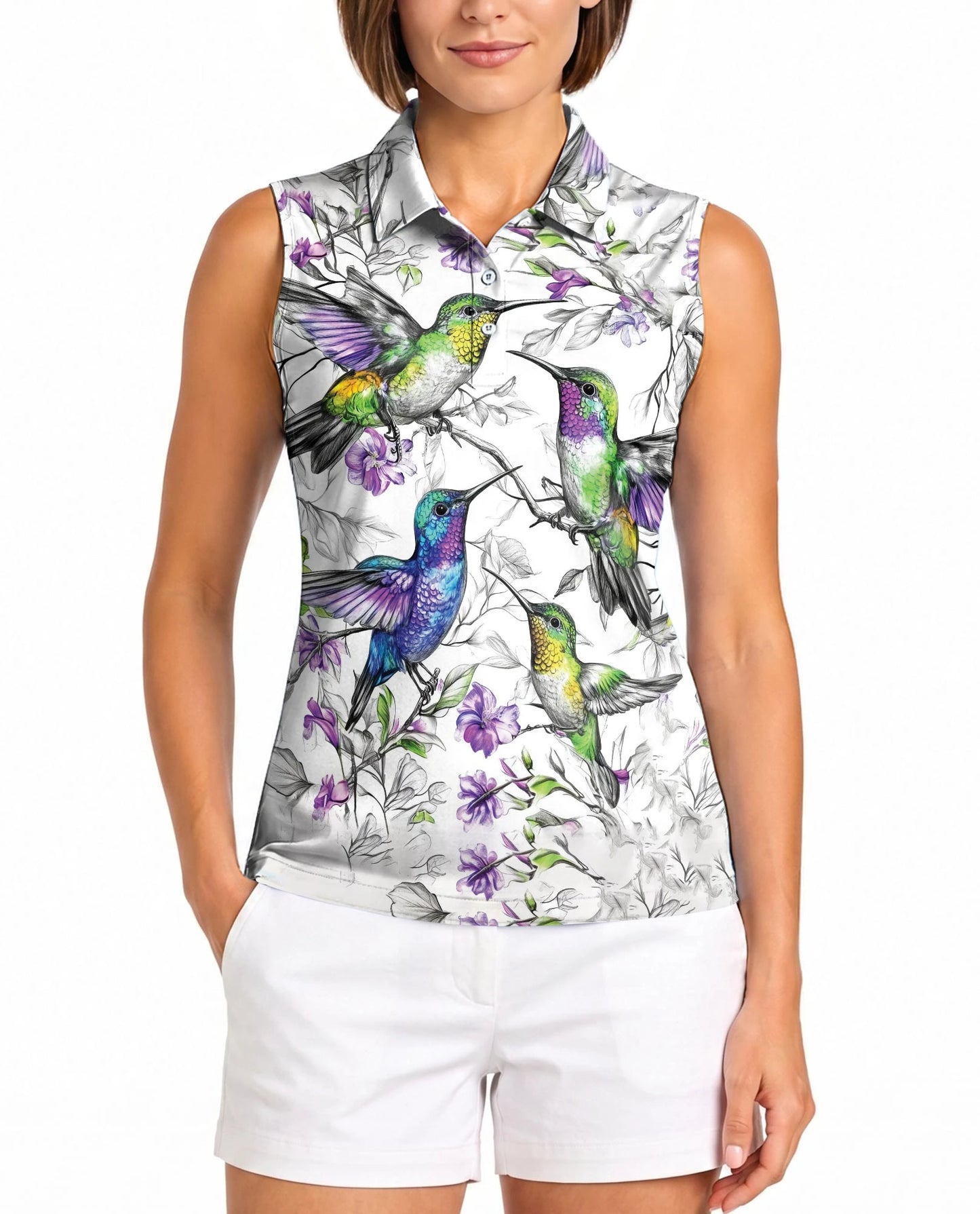 Vintage Hummingbirds Sleeveless Polo Shirt for Women | Netecom