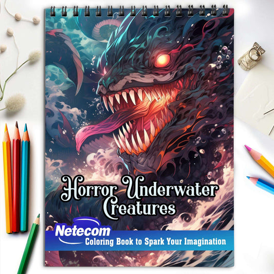 Horror Underwater Creatures Spiral Bound Coloring Book, Dive into the Abyss with 30 Enchanting Coloring Pages, Exploring the Haunting World of Underwater Horrors