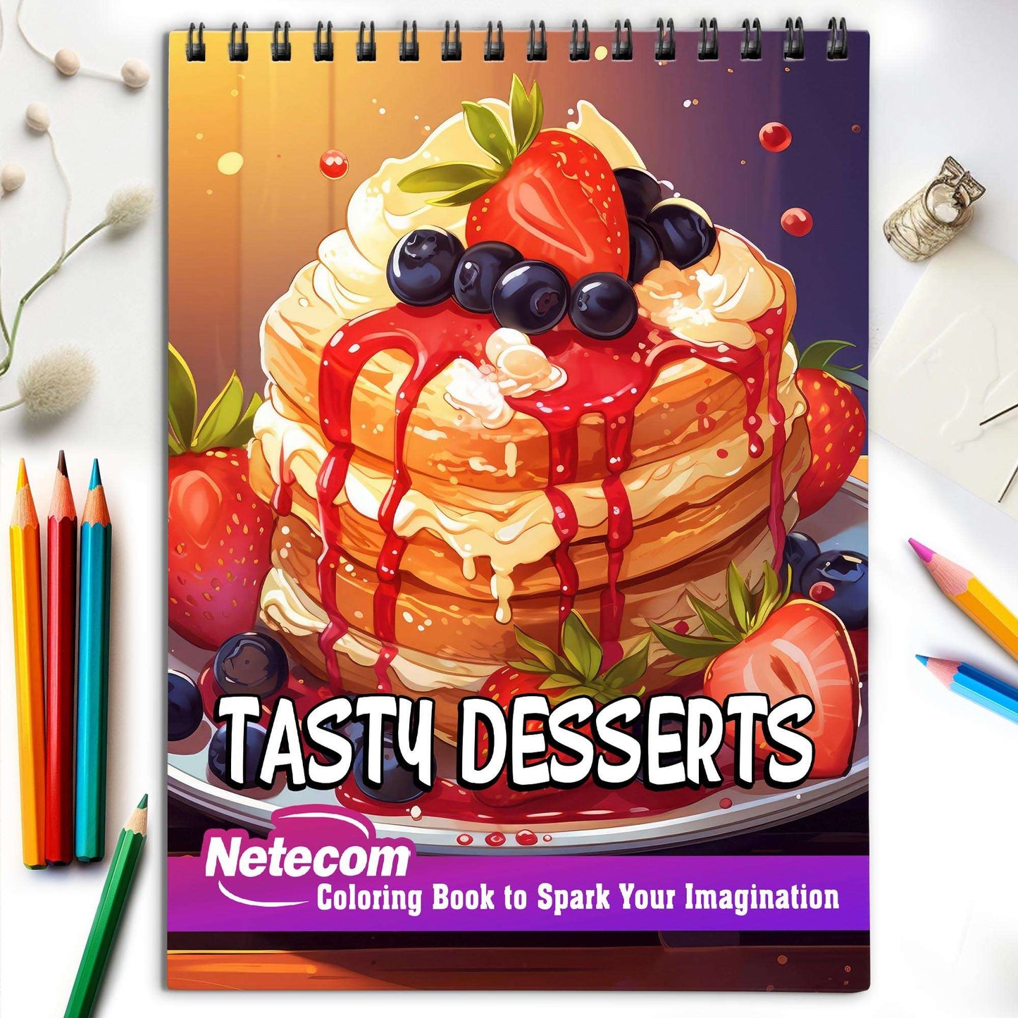 Tasty Deserts Spiral Bound Coloring Book, Savor 30 Dazzling Coloring Pages, Fostering Focus and Creativity as You Celebrate the Artistry of Culinary Creations