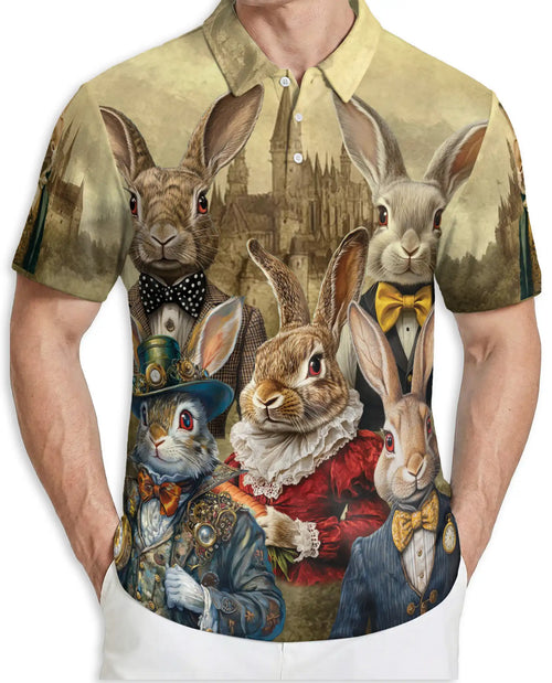 Vintage Rabbit 3D Polo Shirt for Men – Victorian Bunny Art Style | Netecom