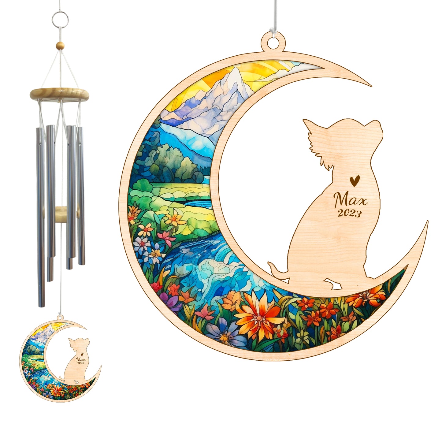 Netecom Chihuahua Dog Wind Chimes Memorial, Personalized Pet Memorial Wind Chimes for Dog Suncatcher, Dog Loss Memorial Ornament, Loss of Pet Sympathy Gift, Remembrance Windchime Outside Garden Decor