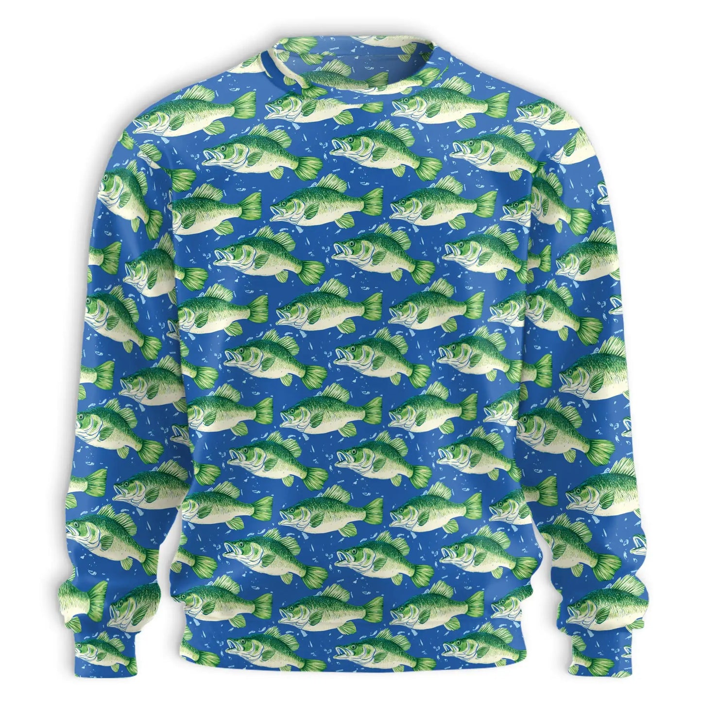 Green Bass Fish Pattern Sweatshirt, 3D All Over Print Freshwater Fishing Crewneck Pullover for Men Women, Bass Fishing Lover Gift - Netecom