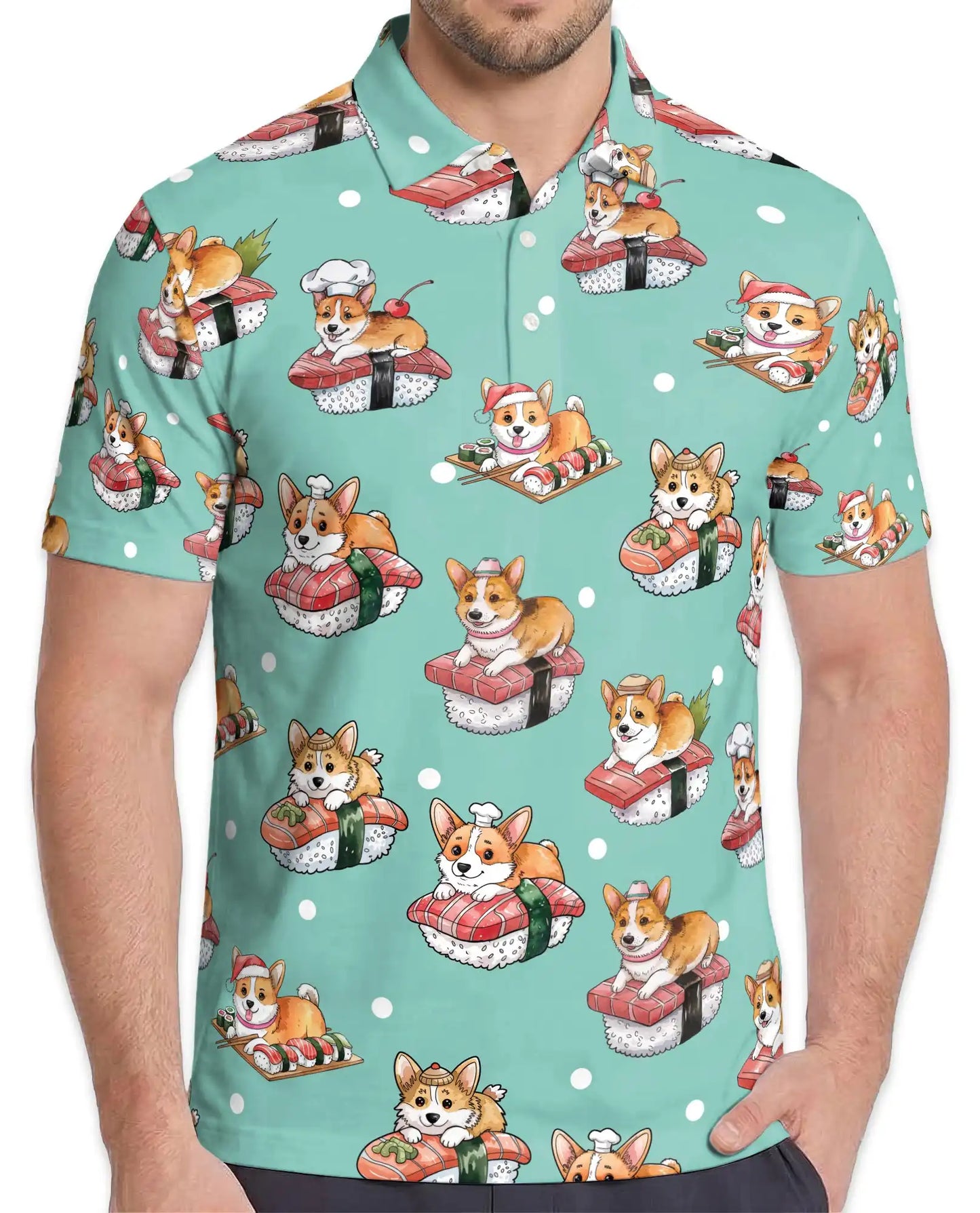 Cute Corgi Sushi Polo Shirt for Men - Funny Japanese Food | Netecom
