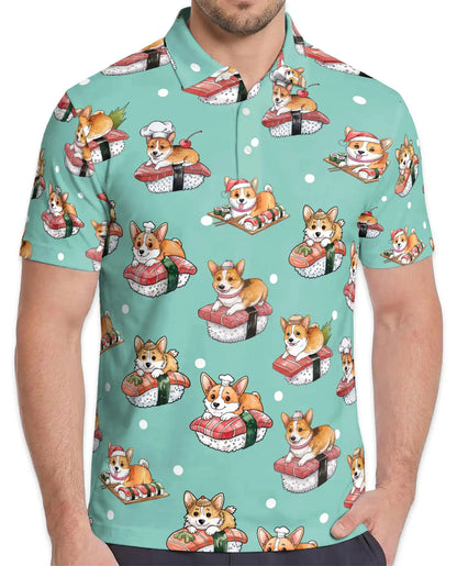 Cute Corgi Sushi Polo Shirt for Men - Funny Japanese Food | Netecom