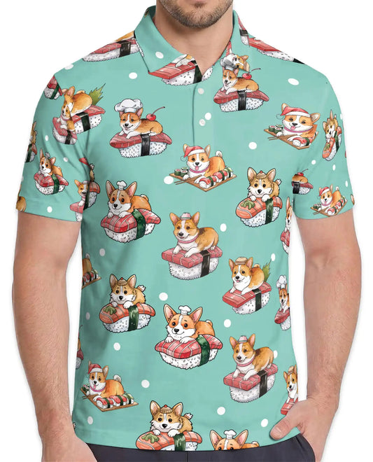 Cute Corgi Sushi Polo Shirt for Men - Funny Japanese Food | Netecom