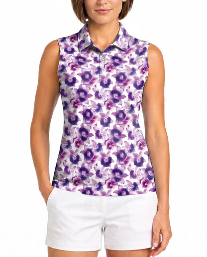 Purple Orchid Flower Sleeveless Polo Shirt for Women – Elegant Floral Style | Netecom