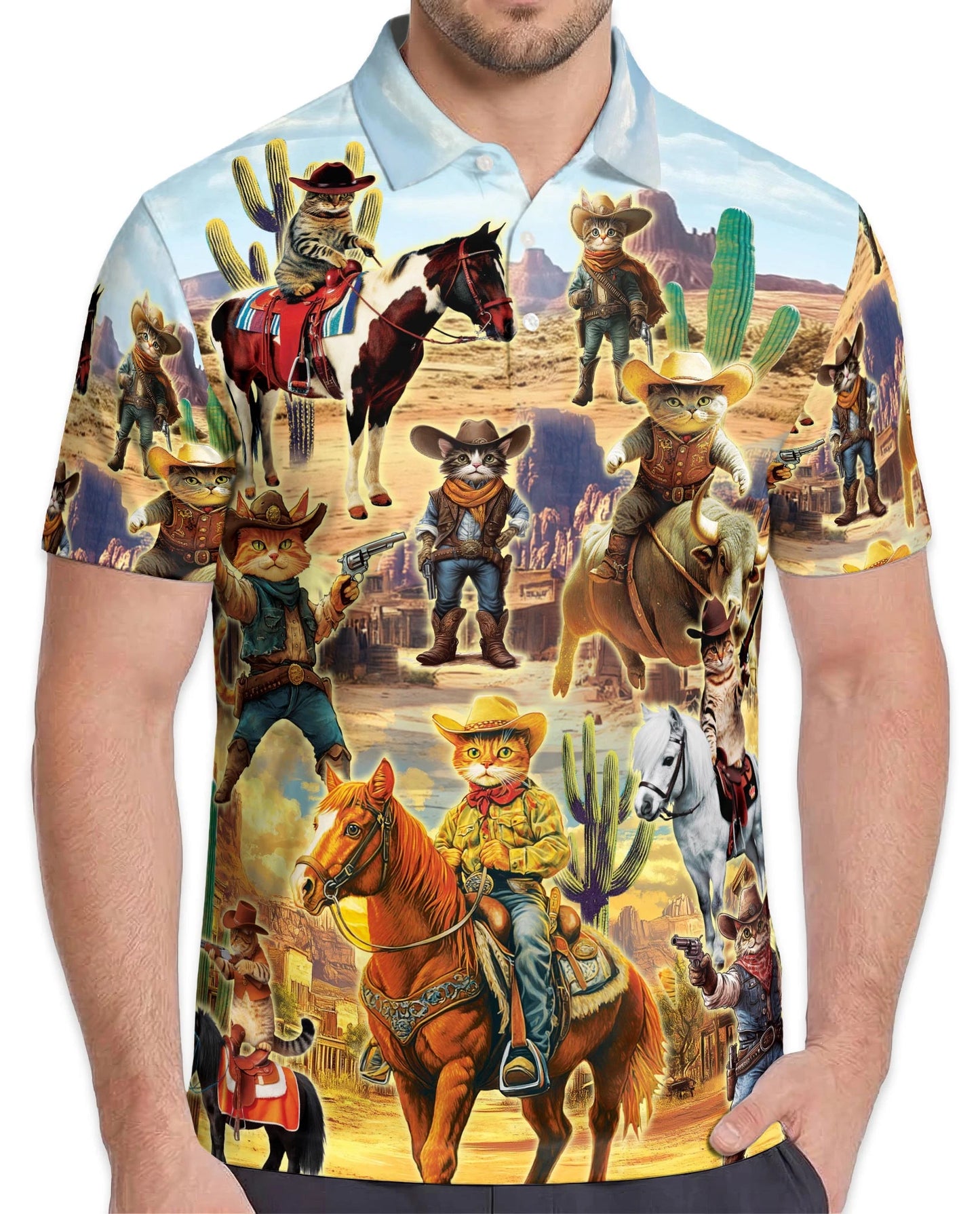 Vintage Desert Cowboy Cats Polo Shirt for Men – Western Animal Style | Netecom