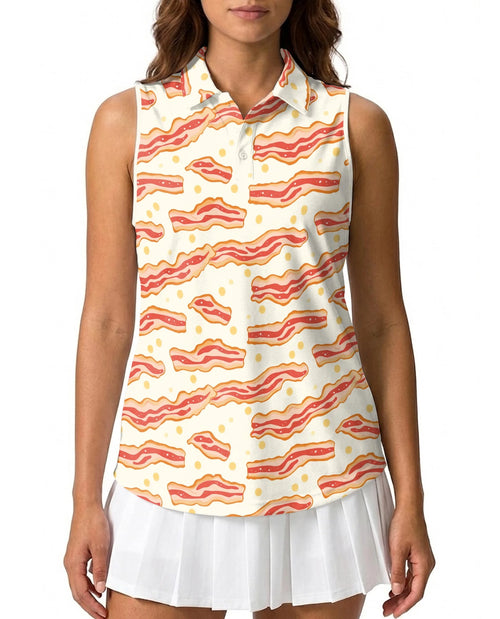 Bacon Eggs Pattern Sleeveless Polo Shirt for Women | Netecom
