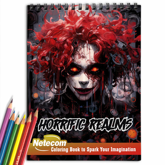 Horrific Realms Spiral Bound Coloring Book, Explore the Dark and Haunting Scenes in this Horrific Realms Coloring Experience