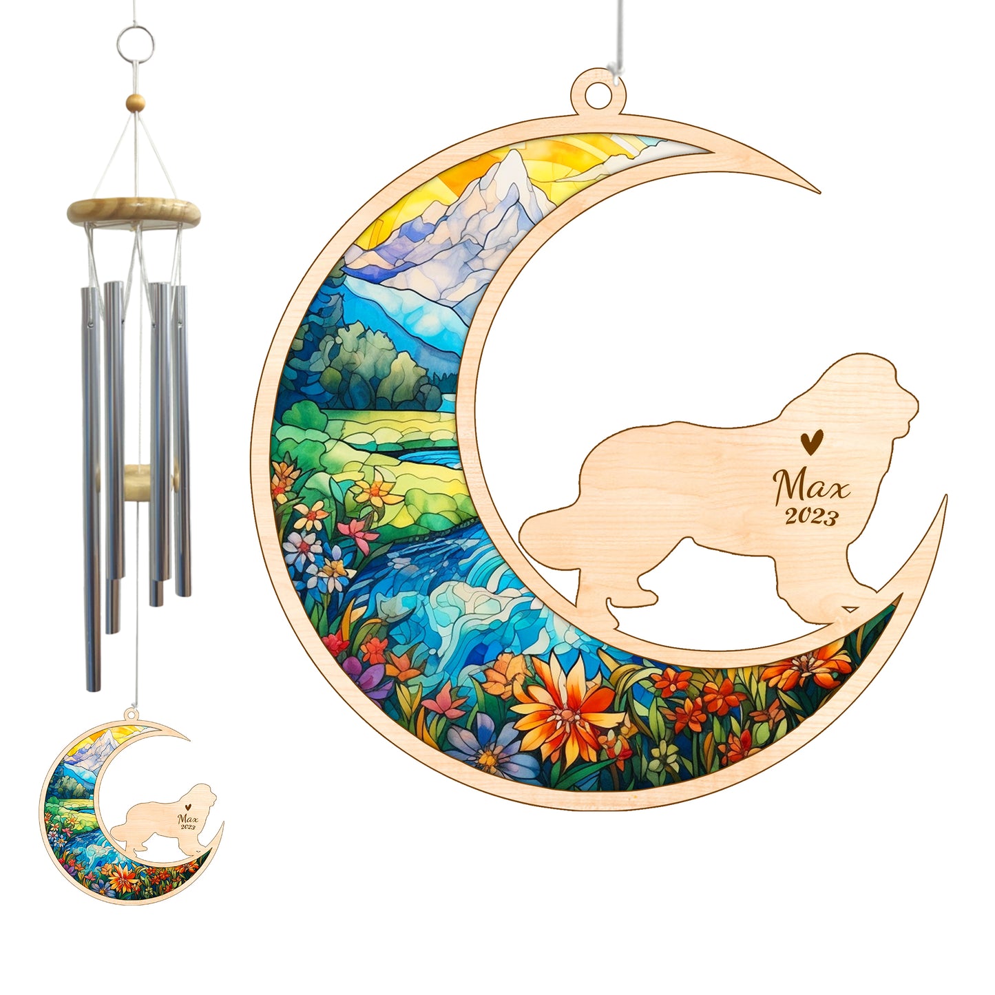 Netecom Newfoundland Dog Wind Chimes Memorial, Personalized Pet Memorial Wind Chimes for Dog Suncatcher, Dog Loss Memorial Ornament, Loss of Pet Sympathy Gift, Remembrance Windchime Outside Garden Decor