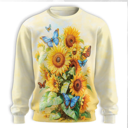 Sunflower Butterfly Sweatshirt, 3D All Over Print Floral Butterfly Crewneck Pullover for Men Women, Nature Lover Gift - Netecom