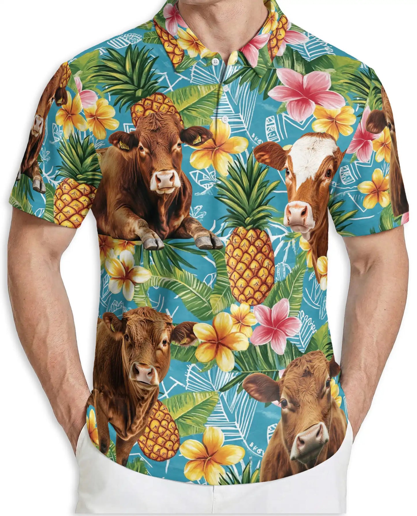 Tropical Cow 3D Polo Shirt for Men – Pineapple Floral Farm Style | Netecom