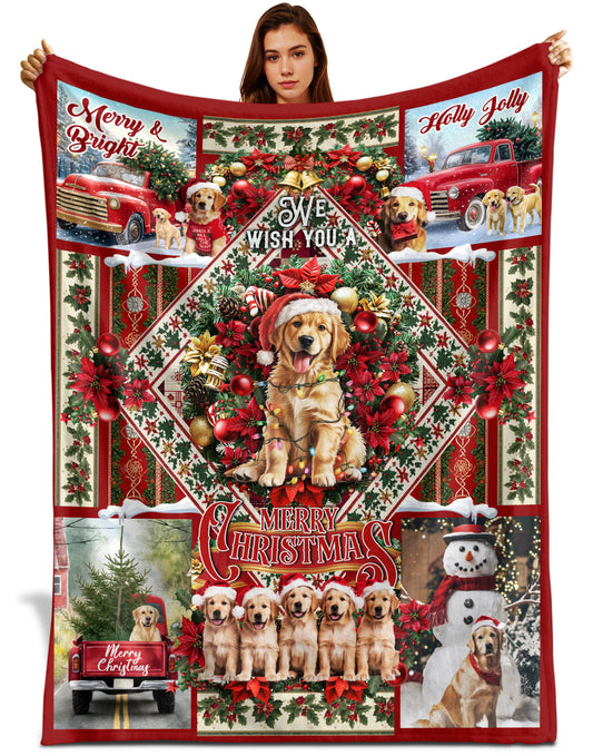 Netecom Golden Retriever Christmas Blanket, Holiday Santa Dog Throw Blanket for Couch, Bed or Sofa, Ultra Soft Warm Gift for Christmas and Cozy Winter