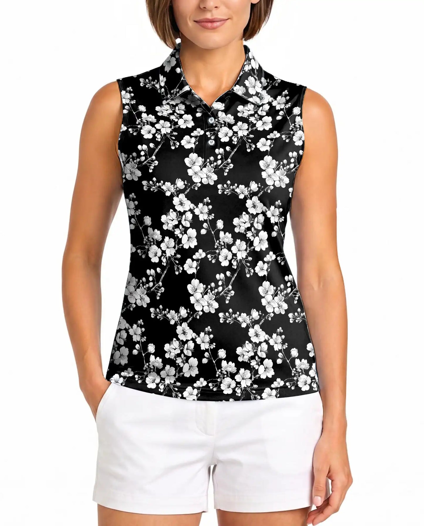 Monochrome Floral Sleeveless Polo Shirt for Women | Netecom