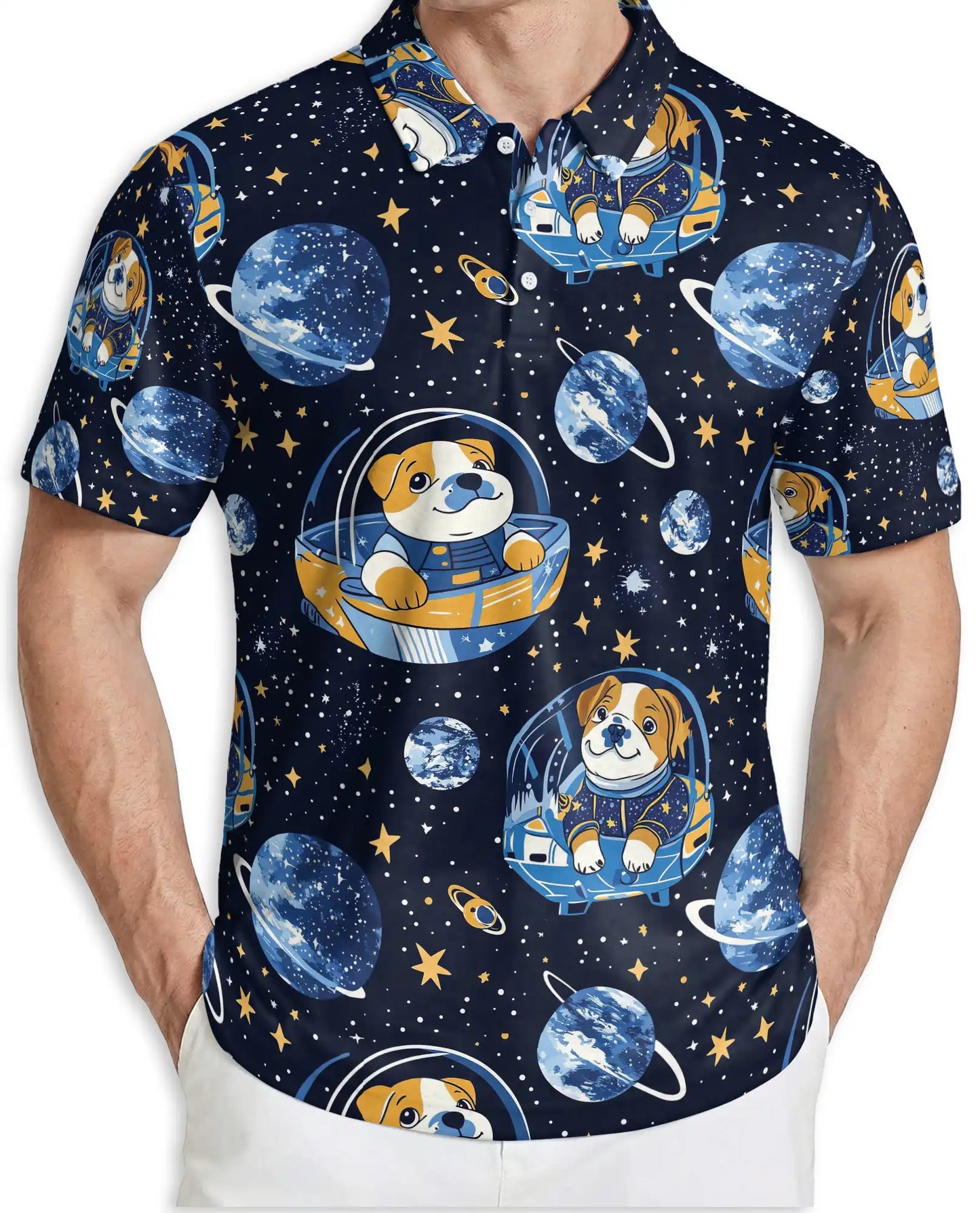 Cute Astronaut Dog 3D Polo Shirt for Men – Space Galaxy Cartoon Style | Netecom