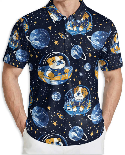Cute Astronaut Dog 3D Polo Shirt for Men – Space Galaxy Cartoon Style | Netecom