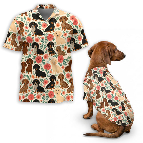 Netecom Matching Floral Dachshund Aloha Hawaiian Shirt for Dog and Owner, Aloha Summer Shirt, Dog Breed Floral Print Outfit for Pet and Human, Beach Vacation Casual Wear