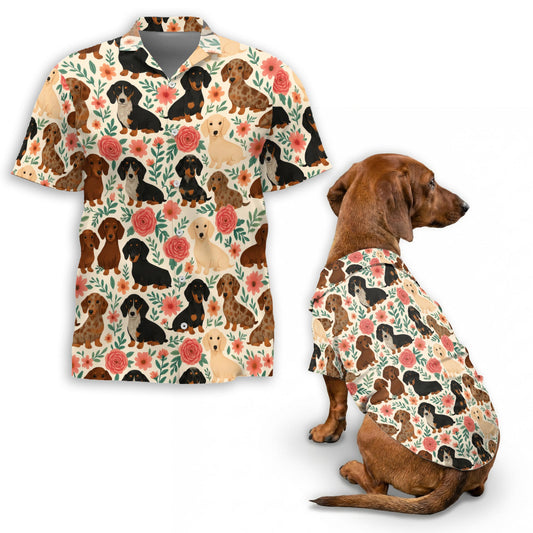 Netecom Matching Floral Dachshund Aloha Hawaiian Shirt for Dog and Owner, Aloha Summer Shirt, Dog Breed Floral Print Outfit for Pet and Human, Beach Vacation Casual Wear