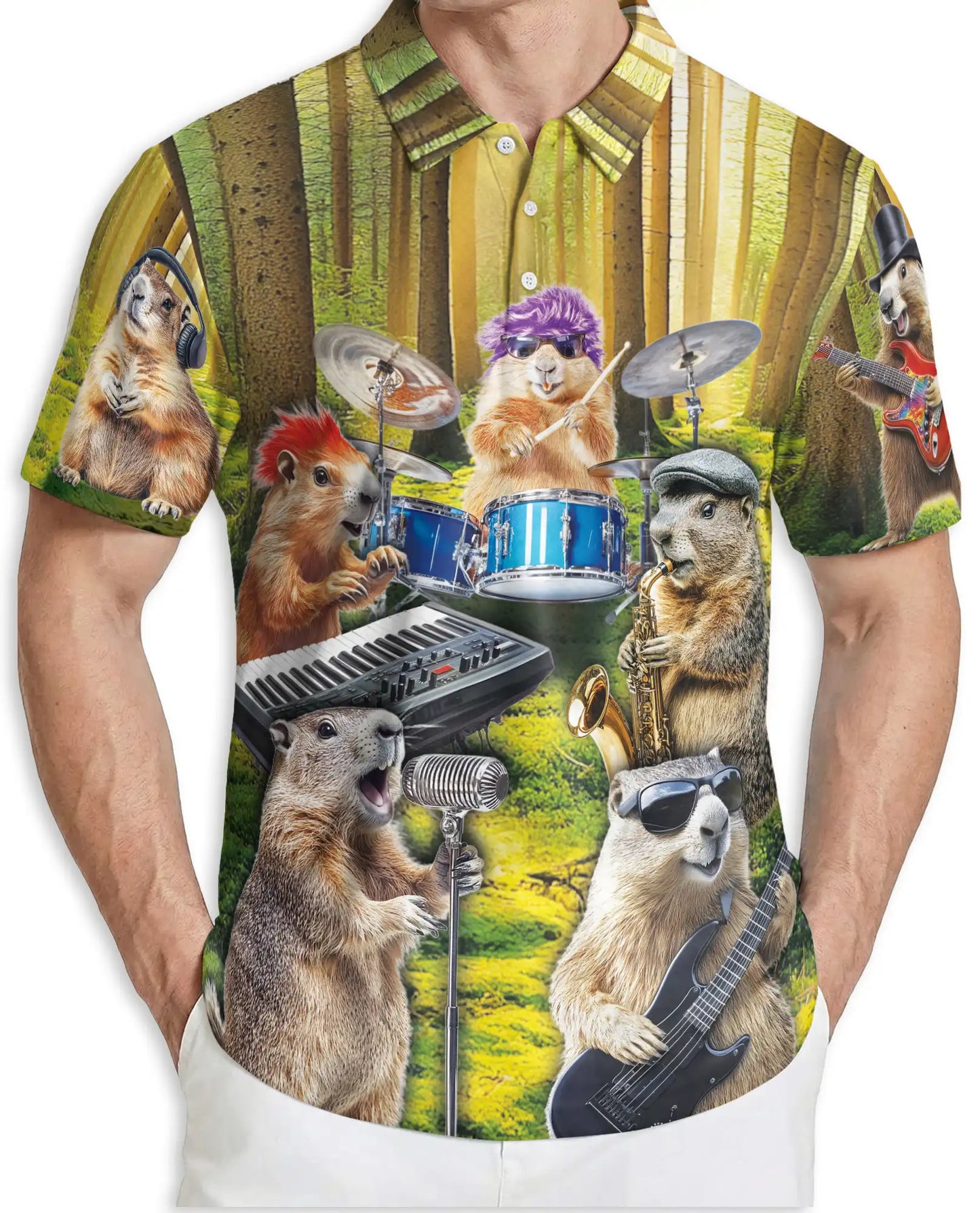 Funny Groundhog Band Polo Shirt Woodland Animal Music Print | Netecom