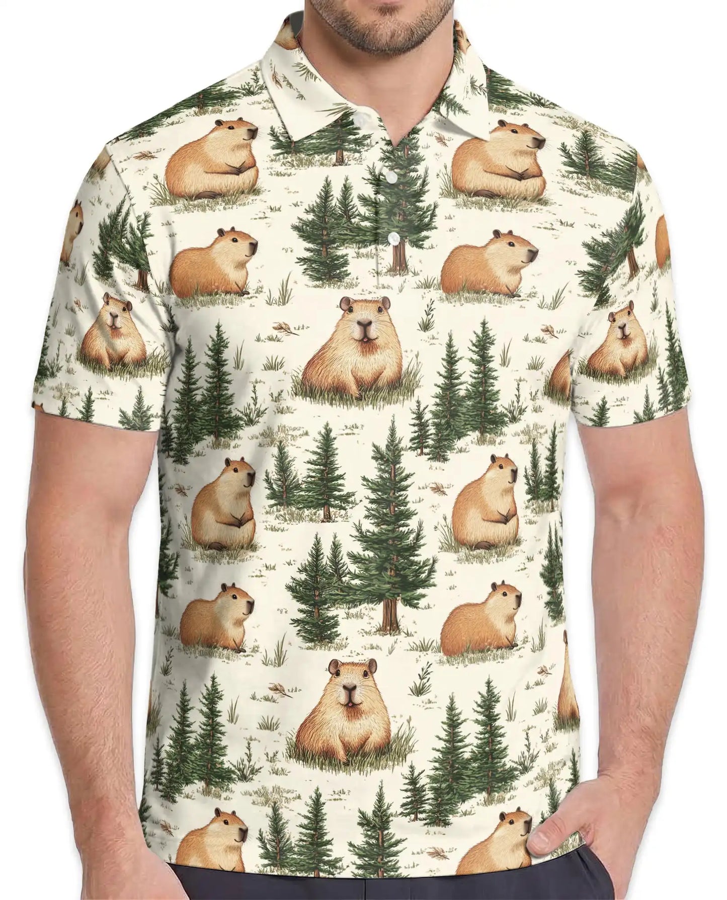 Capybara Forest Polo Shirt for Men-Cute Woodland Animal Nature | Netecom