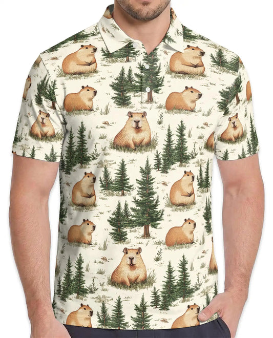 Capybara Forest Polo Shirt for Men-Cute Woodland Animal Nature | Netecom
