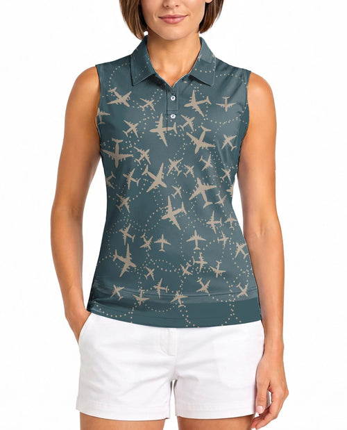 Airplane Pattern Sleeveless Polo Shirt for Women | Netecom