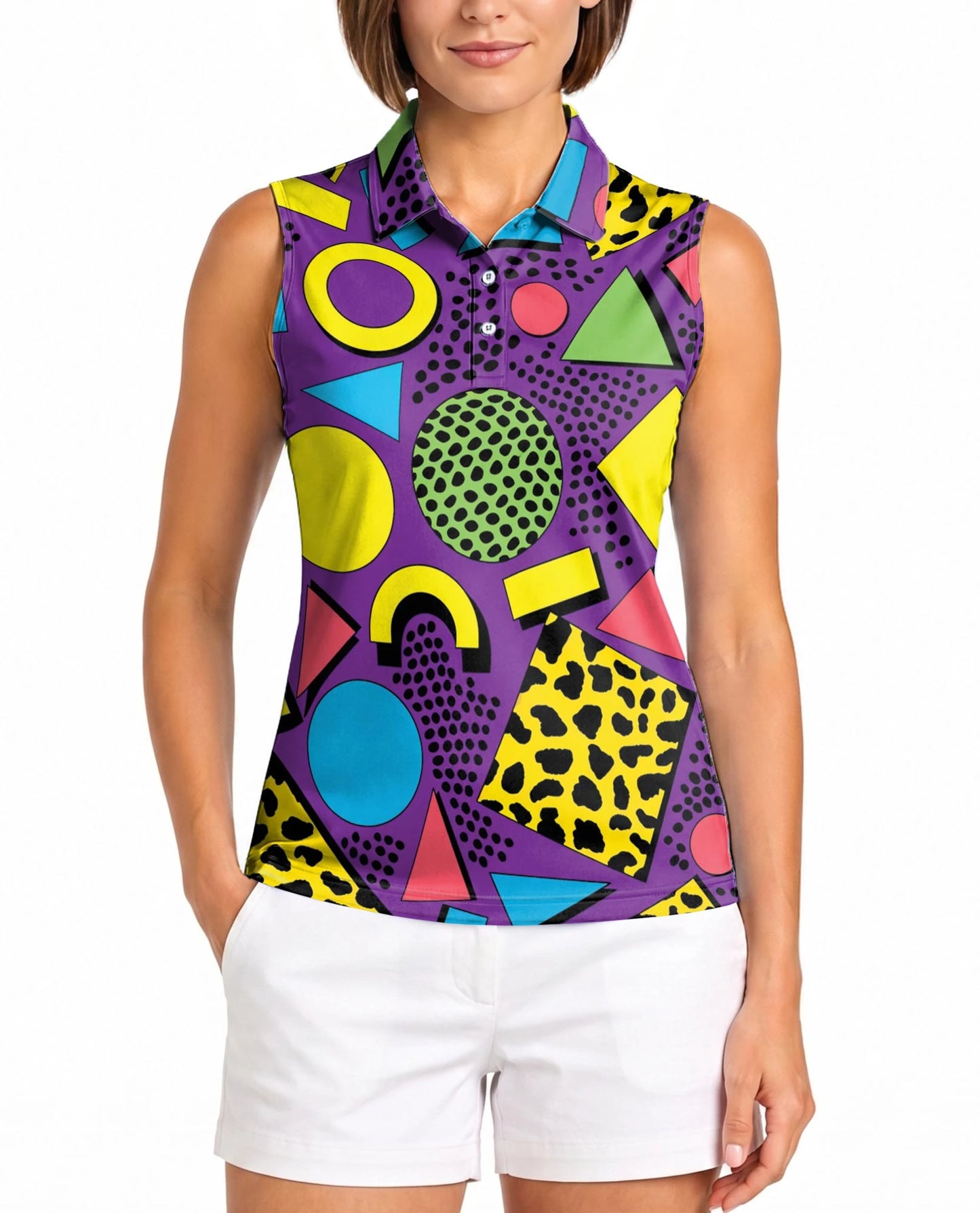 Retro Abstract Shapes Pattern Sleeveless Polo Shirt for Women | Netecom