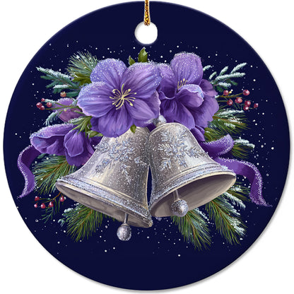 Netecom Bell with Purple Flower Christmas Ornament, Elegant Winter Bell Ceramic Ornament for Xmas Tree Hanging Decorations Gift, Gifts for Friends & Family, Holiday Party Present