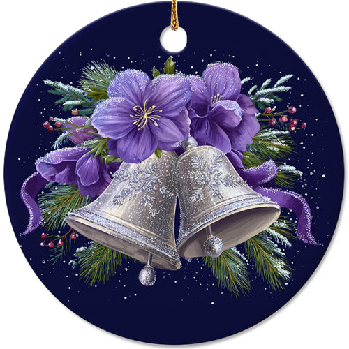 Netecom Bell with Purple Flower Christmas Ornament, Elegant Winter Bell Ceramic Ornament for Xmas Tree Hanging Decorations Gift, Gifts for Friends & Family, Holiday Party Present