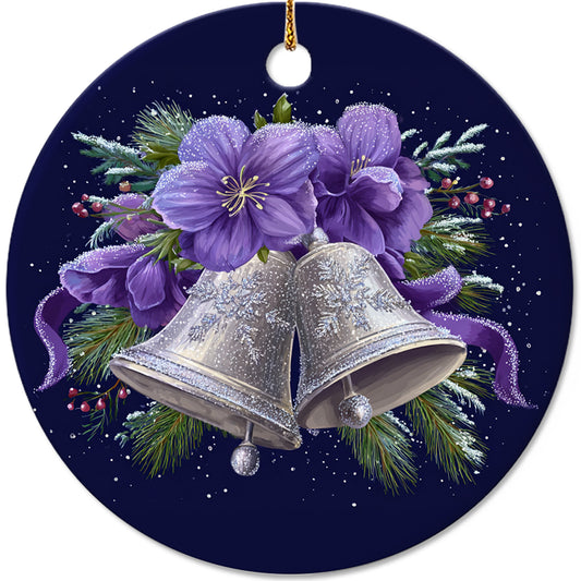 Netecom Bell with Purple Flower Christmas Ornament, Elegant Winter Bell Ceramic Ornament for Xmas Tree Hanging Decorations Gift, Gifts for Friends & Family, Holiday Party Present