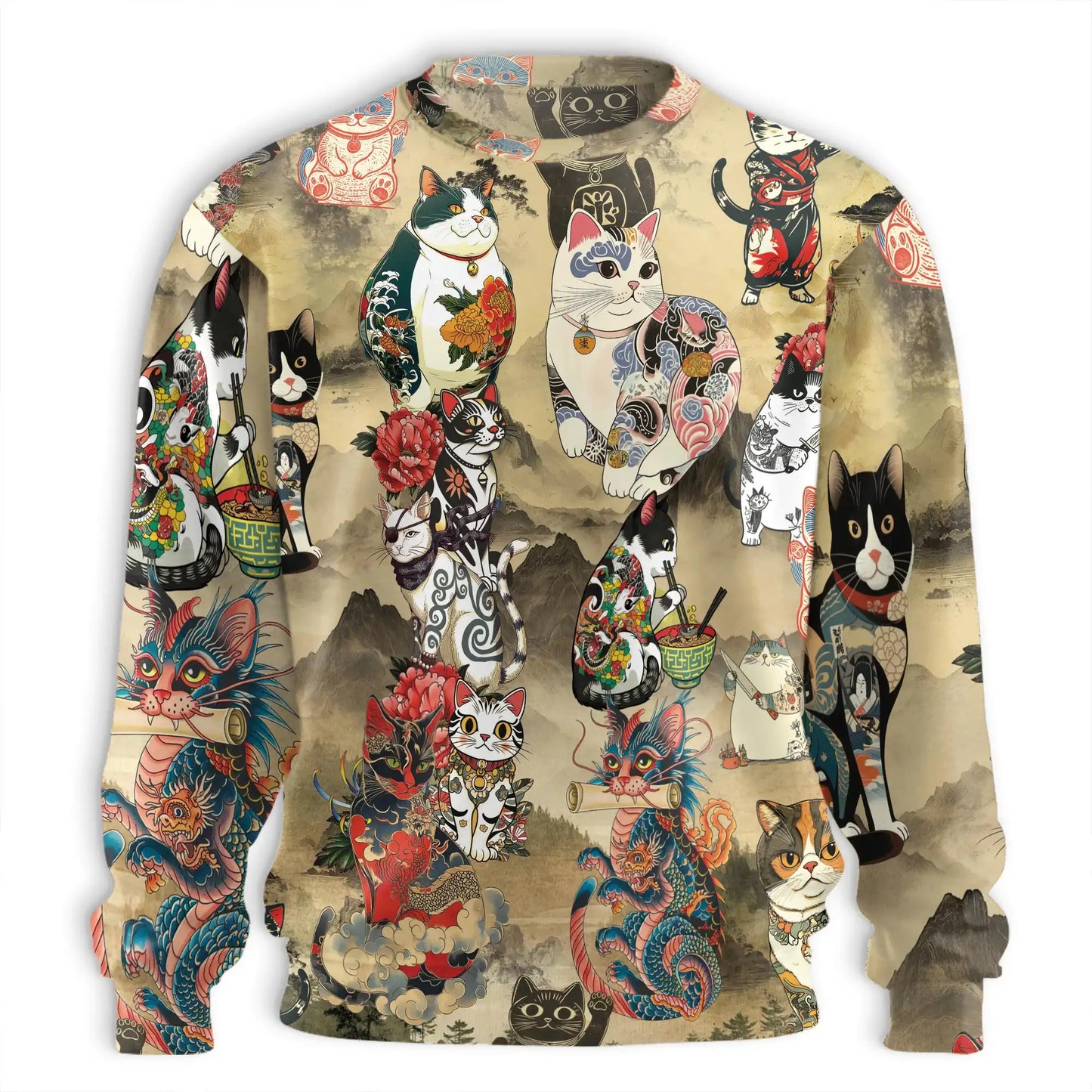 Japanese Cat Tattoo Sweatshirt, 3D All Over Print Traditional Tattoo Art Crewneck Pullover for Men Women, Cat Lover Gift - Netecom